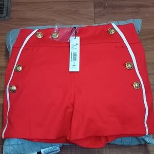 Alice + Olivia Red High Waist Shorts with Gold Buttons